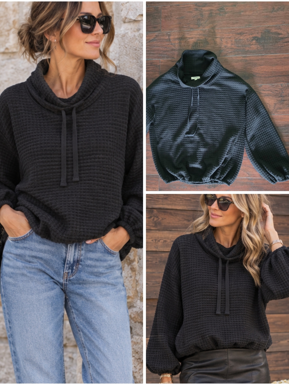 Max Studio Black Waffle Knit Cowl Neck Sweater